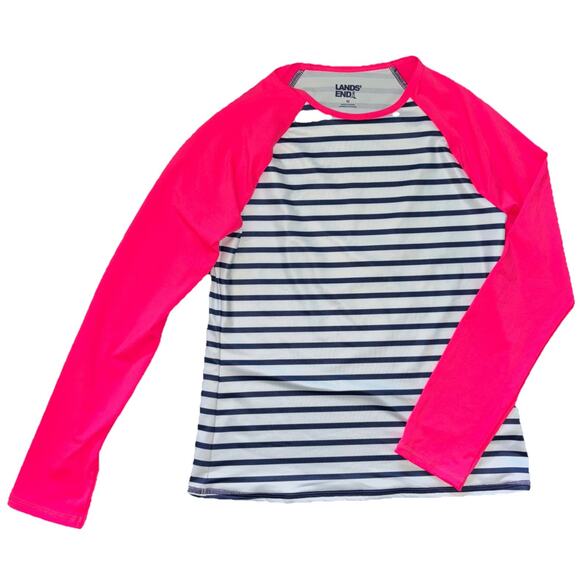Lands End Girls Size 10 Pink Navy White Long Sleeve Rash Guard Swim Shirt - Picture 1 of 7